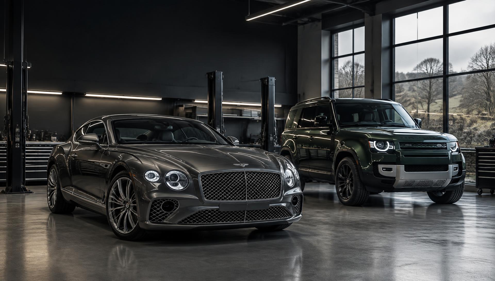 Bentley Continental GT and Land Rover Defender in a contemporary workshop — illustrative image